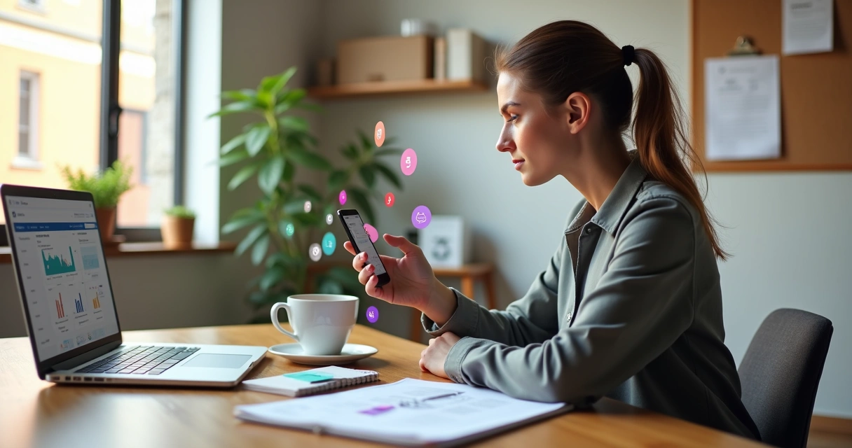 Empresária usa smartphone para gerenciar redes sociais do negócio em seu escritório moderno